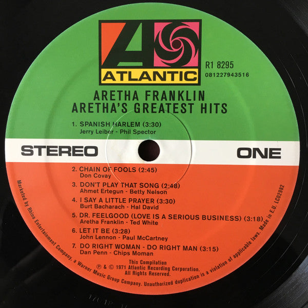 Aretha Franklin : Aretha's Greatest Hits (LP, Comp, RE)