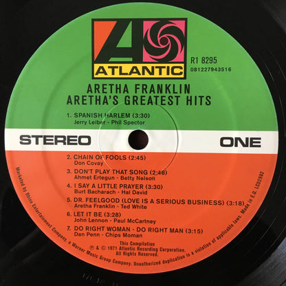 Aretha Franklin : Aretha's Greatest Hits (LP, Comp, RE)