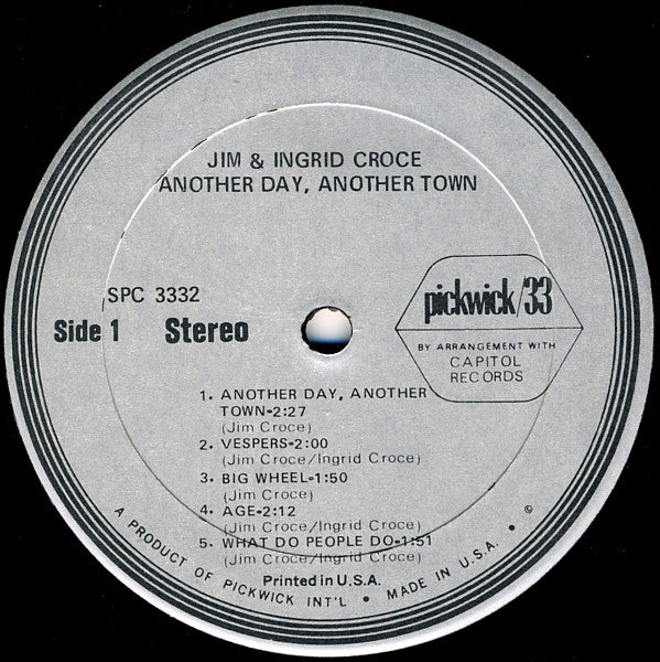 Jim & Ingrid Croce : Another Day, Another Town (LP, Album, RE)