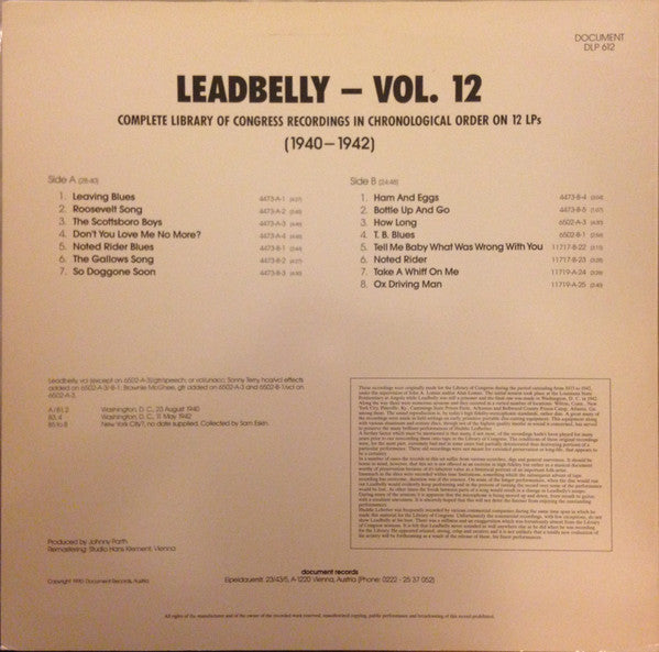 Leadbelly : Vol. 12 1940-1942 (Complete Library Of Congress Recordings In Chronological Order On 12 LPs)  (LP, Comp, Mono, Ltd, RM)