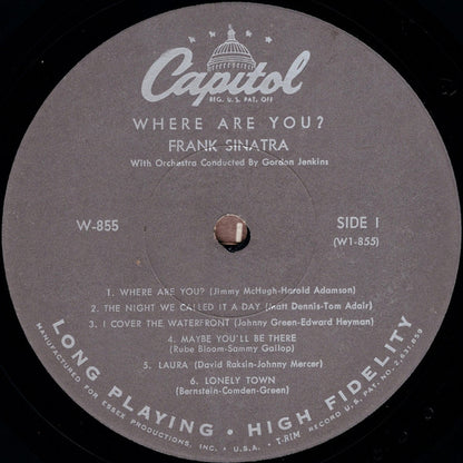 Frank Sinatra With Gordon Jenkins And His Orchestra : Where Are You? (LP, Album, Mono, Scr)