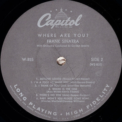 Frank Sinatra With Gordon Jenkins And His Orchestra : Where Are You? (LP, Album, Mono, Scr)