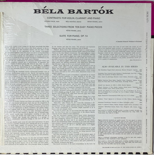 Béla Bartók : Contrasts For Violin, Clarinet And Piano / Three Selections From Ten Easy Piano Pieces / Suite For Piano, Op. 14 (LP, Mono)
