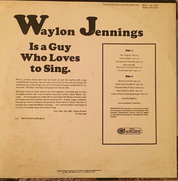 Waylon Jennings : The One And Only Waylon Jennings (LP, Album, RE, Ind)