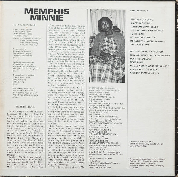 Memphis Minnie : Blues Classics By Memphis Minnie (LP, Comp, RE)