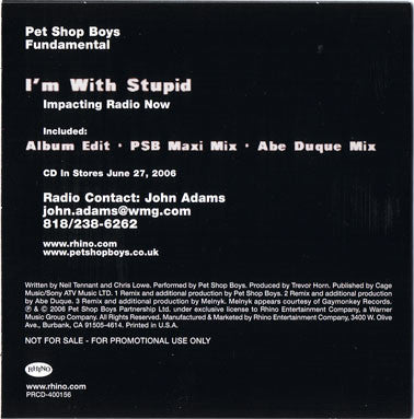 Pet Shop Boys : I'm With Stupid (CD, Single, Promo, Car)