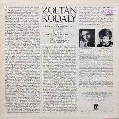 Zoltán Kodály – Jerry Grossman, Daniel Phillips : Sonata For Solo Cello, Op. 8 / Duo For Violin & Cello, Op. 7 (LP)