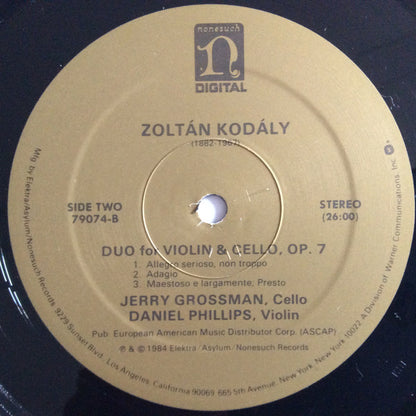 Zoltán Kodály – Jerry Grossman, Daniel Phillips : Sonata For Solo Cello, Op. 8 / Duo For Violin & Cello, Op. 7 (LP)