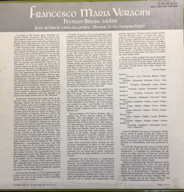 Francesco Maria Veracini : Sonatas Nos 1 -- 2 -- 4 -- 8 (LP)