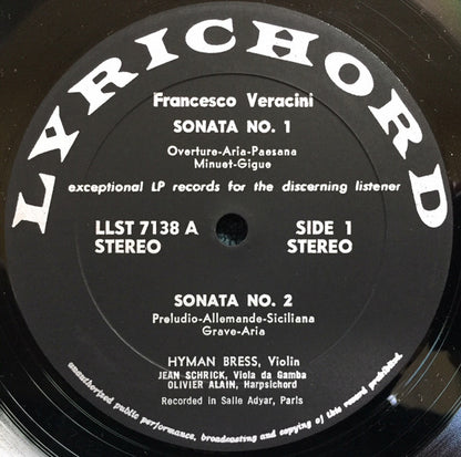 Francesco Maria Veracini : Sonatas Nos 1 -- 2 -- 4 -- 8 (LP)