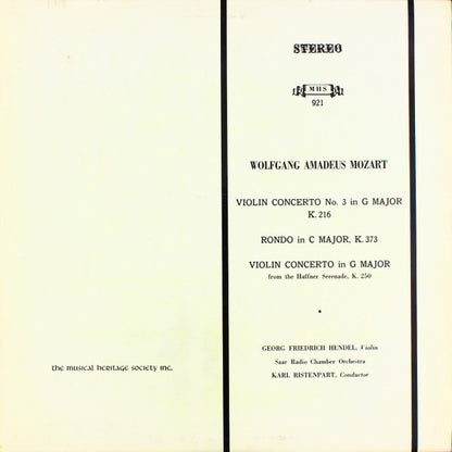 Wolfgang Amadeus Mozart, Georg Friedrich Hendel, Karl Ristenpart : Violin Concerto No. 3 in G Major K.216, Rondo in C Major, K. 373, Violin Concerto in G Major from the Haffner Serenade, K. 250 (LP)