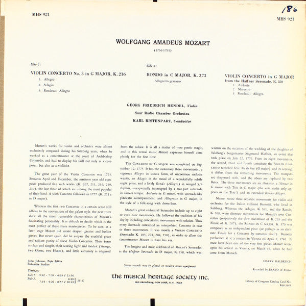 Wolfgang Amadeus Mozart, Georg Friedrich Hendel, Karl Ristenpart : Violin Concerto No. 3 in G Major K.216, Rondo in C Major, K. 373, Violin Concerto in G Major from the Haffner Serenade, K. 250 (LP)