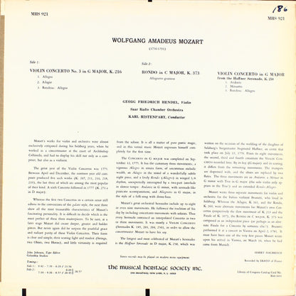 Wolfgang Amadeus Mozart, Georg Friedrich Hendel, Karl Ristenpart : Violin Concerto No. 3 in G Major K.216, Rondo in C Major, K. 373, Violin Concerto in G Major from the Haffner Serenade, K. 250 (LP)