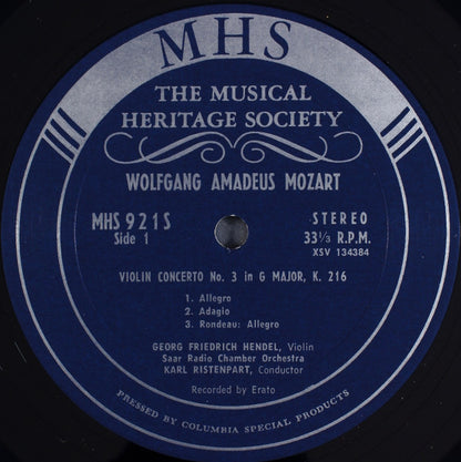 Wolfgang Amadeus Mozart, Georg Friedrich Hendel, Karl Ristenpart : Violin Concerto No. 3 in G Major K.216, Rondo in C Major, K. 373, Violin Concerto in G Major from the Haffner Serenade, K. 250 (LP)