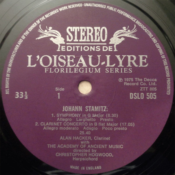 Jan Václav Antonín Stamic - The Academy Of Ancient Music : Clarinet Concerto / Three Symphonies (LP)