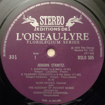 Jan Václav Antonín Stamic - The Academy Of Ancient Music : Clarinet Concerto / Three Symphonies (LP)