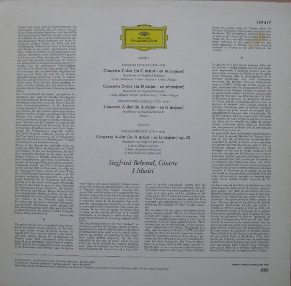 Siegfried Behrend, Antonio Vivaldi, Fernando Carulli, Mauro Giuliani (2) : Altitalienische Gitarrenkonzerte (LP)