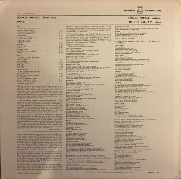 Francis Poulenc - Gérard Souzay - Dalton Baldwin : Quatre Cycles De Mélodies (LP, Album)