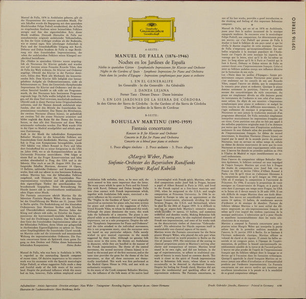 Manuel De Falla / Bohuslav Martinů, Margrit Weber · Symphonie-Orchester Des Bayerischen Rundfunks · Rafael Kubelik : Noches En Los Jardines De España / Fantasia Concertante (LP)
