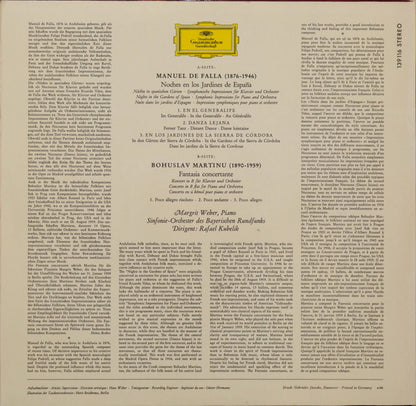 Manuel De Falla / Bohuslav Martinů, Margrit Weber · Symphonie-Orchester Des Bayerischen Rundfunks · Rafael Kubelik : Noches En Los Jardines De España / Fantasia Concertante (LP)