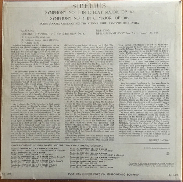 Jean Sibelius, Lorin Maazel, Wiener Philharmoniker : Symphony №5 In E Flat Major, Op. 82 / Symphony №7 In C Major, Op. 105 (LP)