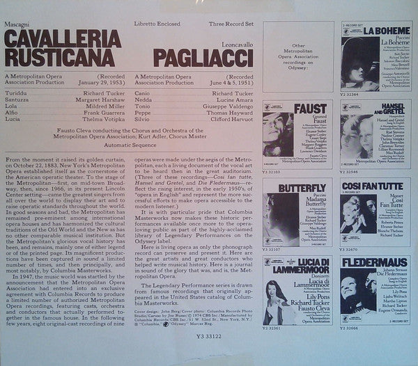 Ruggiero Leoncavallo, Pietro Mascagni, Richard Tucker (2), Lucine Amara, Giuseppe Valdengo, Thomas Hayward, Clifford Harvuot, Margaret Harshaw, Mildred Miller, Frank Guarrera, Thelma Votipka, Fausto Cleva Conducting The Chorus Of The Metropolitan Opera As : Pagliacci / Cavalleria Rusticana (3xLP, Mono + Box)