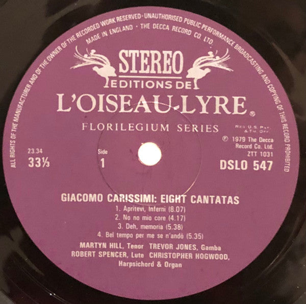 Giacomo Carissimi - Martyn Hill, Trevor Jones (4), Robert Spencer (2), Christopher Hogwood : Eight Cantatas (LP, Album)