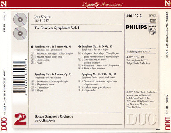 Jean Sibelius - Boston Symphony Orchestra, Sir Colin Davis : The Complete Symphonies 1 - Symphonies Nos. 1, 2, 4, 5 (2xCD, Comp, RM)