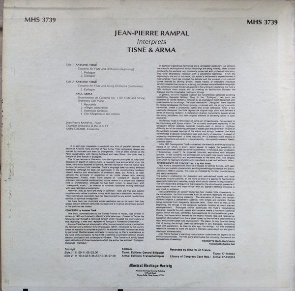 Jean-Pierre Rampal Interprets Antoine Tisné & Paul Arma : Jean-Pierre Rampal Interprets Tisné & Arma (LP)