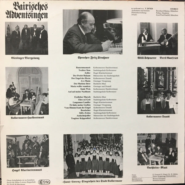 Fritz Strassner, Giesinger Viergesang, Hugel Klarinettenmusi, Kolbermoorer Deandl, Kolbermoorer Hackbrettmusi, Bachleitn-Musi, Stadtsingschule Kolbermoor : Bairisches Adventsingen (LP, Album)