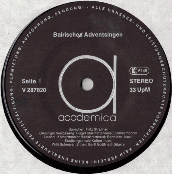 Fritz Strassner, Giesinger Viergesang, Hugel Klarinettenmusi, Kolbermoorer Deandl, Kolbermoorer Hackbrettmusi, Bachleitn-Musi, Stadtsingschule Kolbermoor : Bairisches Adventsingen (LP, Album)
