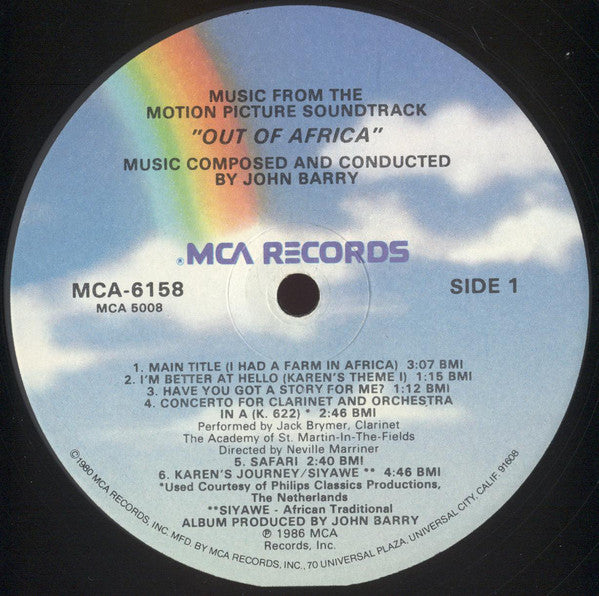 John Barry : Out Of Africa (Music From The Motion Picture Soundtrack) (LP, Glo)