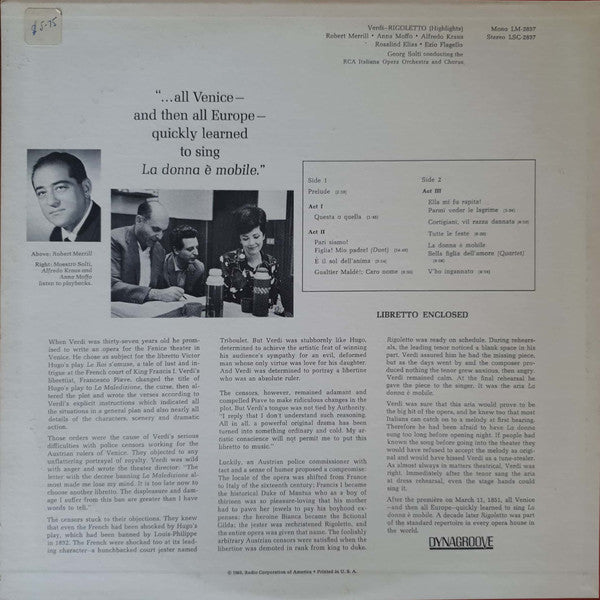 Giuseppe Verdi • Anna Moffo, Robert Merrill, Alfredo Kraus, Rosalind Elias, Ezio Flagello, Georg Solti, RCA Italiana Opera Orchestra And RCA Italiana Opera Chorus : Rigoletto (Highlights) (LP, RE)