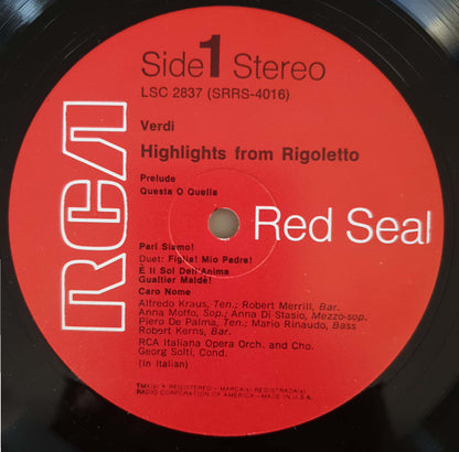 Giuseppe Verdi • Anna Moffo, Robert Merrill, Alfredo Kraus, Rosalind Elias, Ezio Flagello, Georg Solti, RCA Italiana Opera Orchestra And RCA Italiana Opera Chorus : Rigoletto (Highlights) (LP, RE)