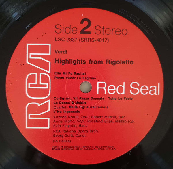 Giuseppe Verdi • Anna Moffo, Robert Merrill, Alfredo Kraus, Rosalind Elias, Ezio Flagello, Georg Solti, RCA Italiana Opera Orchestra And RCA Italiana Opera Chorus : Rigoletto (Highlights) (LP, RE)