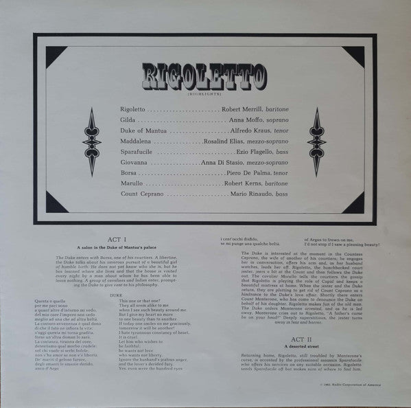 Giuseppe Verdi • Anna Moffo, Robert Merrill, Alfredo Kraus, Rosalind Elias, Ezio Flagello, Georg Solti, RCA Italiana Opera Orchestra And RCA Italiana Opera Chorus : Rigoletto (Highlights) (LP, RE)