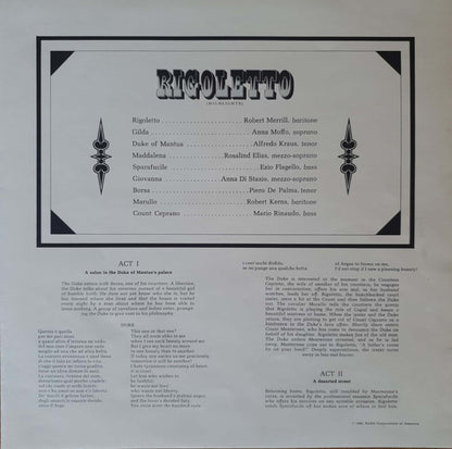 Giuseppe Verdi • Anna Moffo, Robert Merrill, Alfredo Kraus, Rosalind Elias, Ezio Flagello, Georg Solti, RCA Italiana Opera Orchestra And RCA Italiana Opera Chorus : Rigoletto (Highlights) (LP, RE)