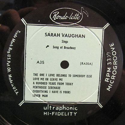 Sarah Vaughan : Sings Songs Of Broadway (LP, Mono, RE)