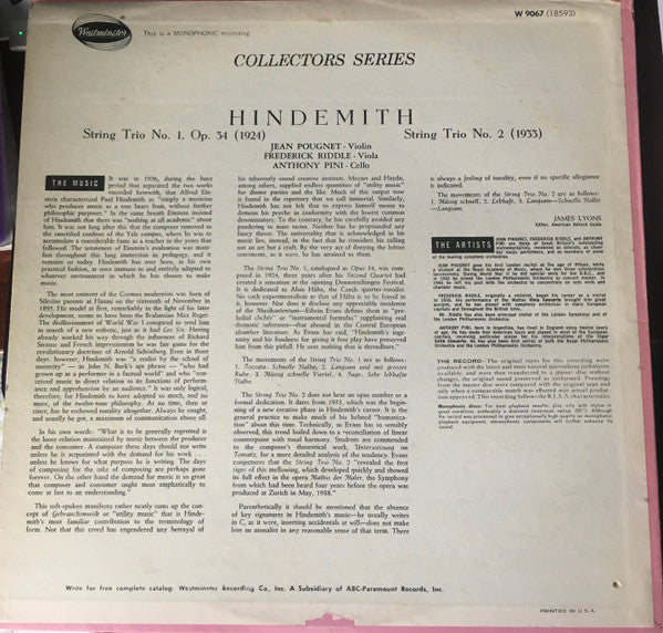 Paul Hindemith, Jean Pougnet, Frederick Riddle, Anthony Pini : Two String Trios (LP, Album, Mono)