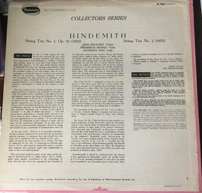 Paul Hindemith, Jean Pougnet, Frederick Riddle, Anthony Pini : Two String Trios (LP, Album, Mono)