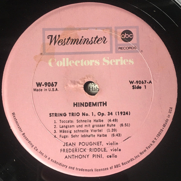 Paul Hindemith, Jean Pougnet, Frederick Riddle, Anthony Pini : Two String Trios (LP, Album, Mono)