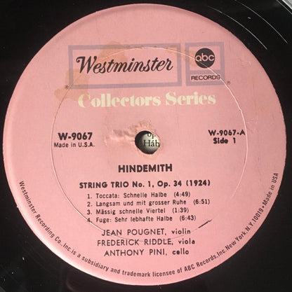 Paul Hindemith, Jean Pougnet, Frederick Riddle, Anthony Pini : Two String Trios (LP, Album, Mono)