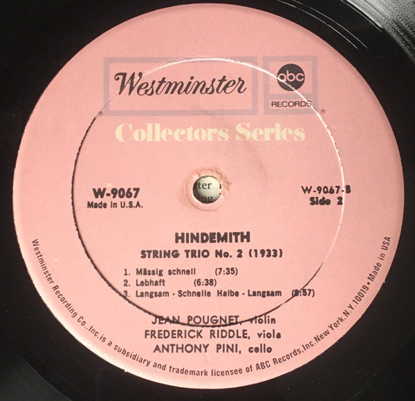 Paul Hindemith, Jean Pougnet, Frederick Riddle, Anthony Pini : Two String Trios (LP, Album, Mono)
