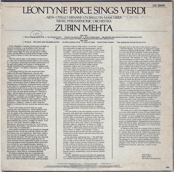 Leontyne Price, Giuseppe Verdi, Israel Philharmonic Orchestra, Zubin Mehta : Leontyne Price Sings Verdi (LP, Club)