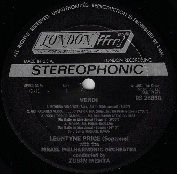 Leontyne Price, Giuseppe Verdi, Israel Philharmonic Orchestra, Zubin Mehta : Leontyne Price Sings Verdi (LP, Club)