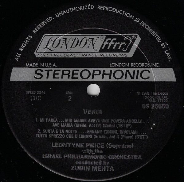 Leontyne Price, Giuseppe Verdi, Israel Philharmonic Orchestra, Zubin Mehta : Leontyne Price Sings Verdi (LP, Club)