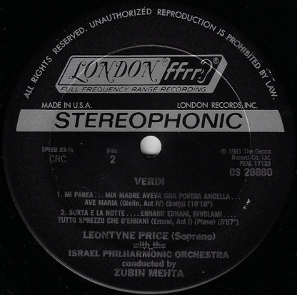 Leontyne Price, Giuseppe Verdi, Israel Philharmonic Orchestra, Zubin Mehta : Leontyne Price Sings Verdi (LP, Club)