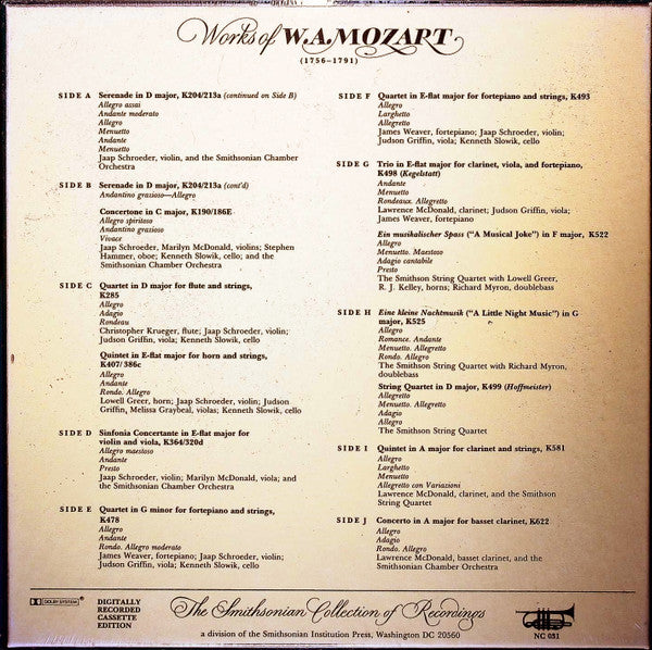 Smithsonian Chamber Orchestra, Jaap Schröder, Smithson String Quartet, Wolfgang Amadeus Mozart : Works Of W.A. Mozart (5xCass, Comp + Box)