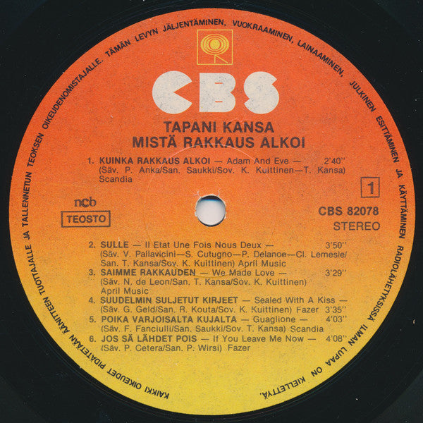 Tapani Kansa : Mistä Rakkaus Alkoi (LP, Album)