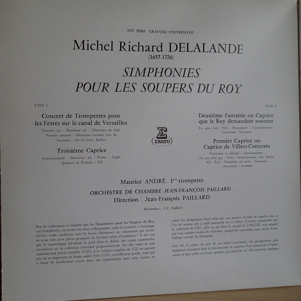 Michel Richard Delalande – Maurice André, Orchestre De Chambre Jean-François Paillard : Simphonies Pour Les Soupers Du Roy (Concert De Trompettes Pour Les Festes Sur Le Canal De Versailles - Trois Caprices) (LP, RE)